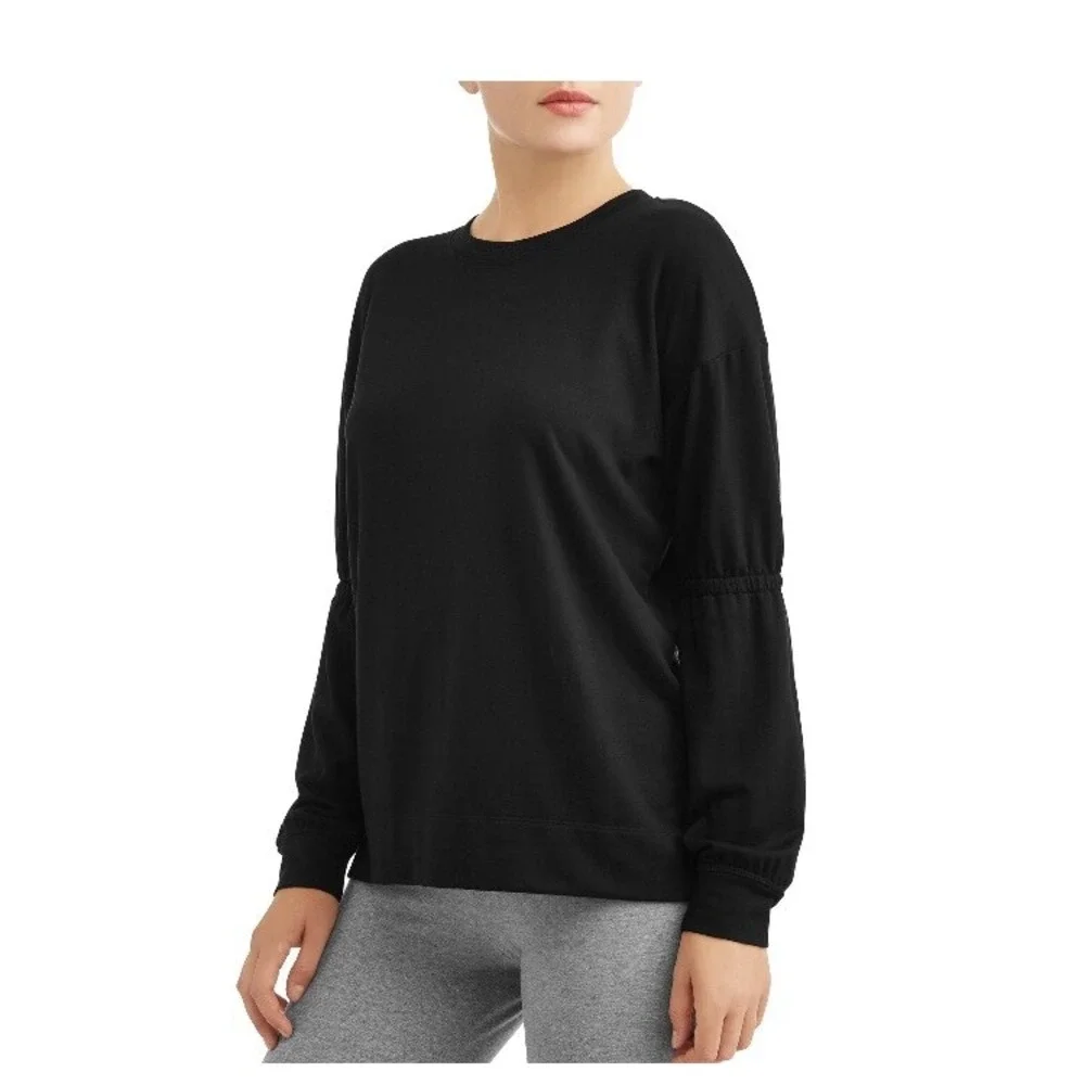Avia Pullover Women L (12-14) Athleisure Gathered Sleeve Black Sweatshirt NWOT